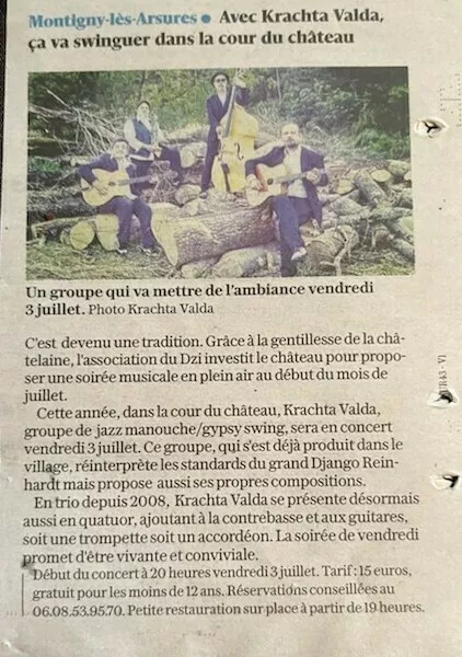 Jazz au Château - vendredi 3 août à 20h avec Krachta Valda. Jazz Manouche