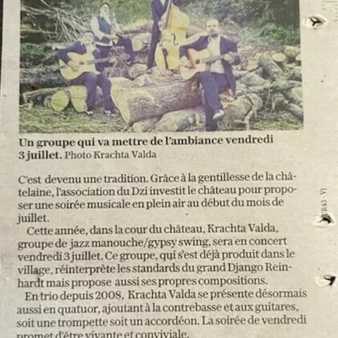 Jazz au Château - vendredi 3 août à 20h avec Krachta Valda. Jazz Manouche